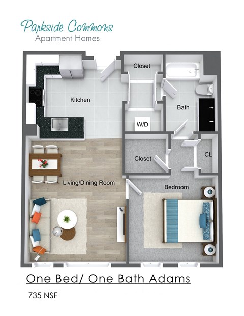 Floor plan for 1 bed, 1 bath, 888 sqft